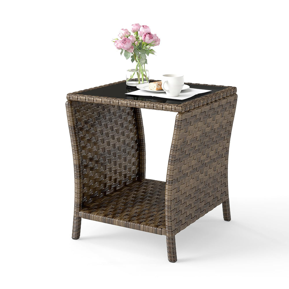 Elepude front view of wicker side table showing compact design and stability
