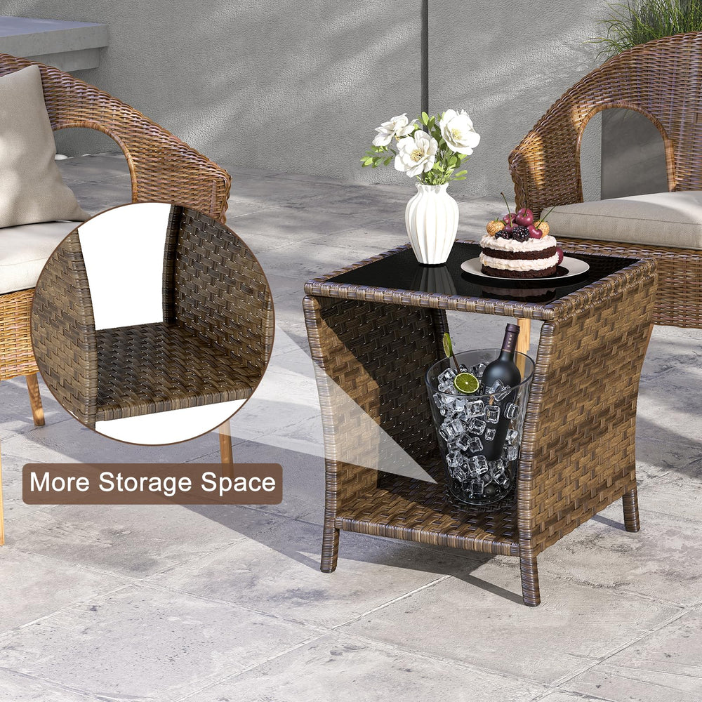 Elepude side table beside patio chairs demonstrating coordinated styling