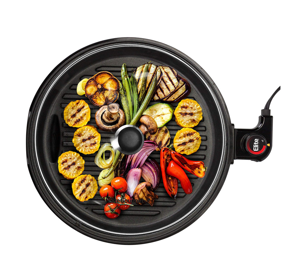 Elite Gourmet front view of grill on counter showing compact design and control knob