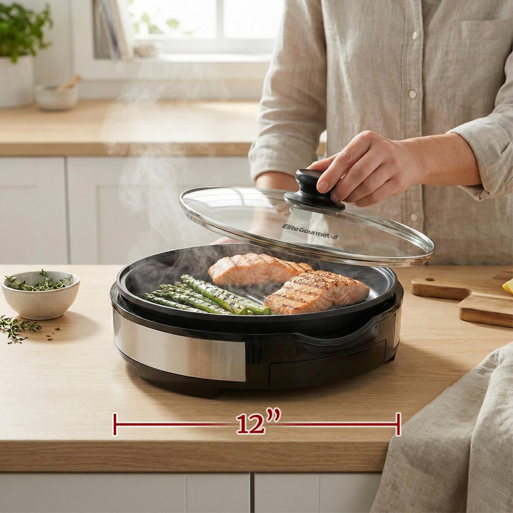 Elite Gourmet close-up of nonstick grill plate highlighting easy-release cooking