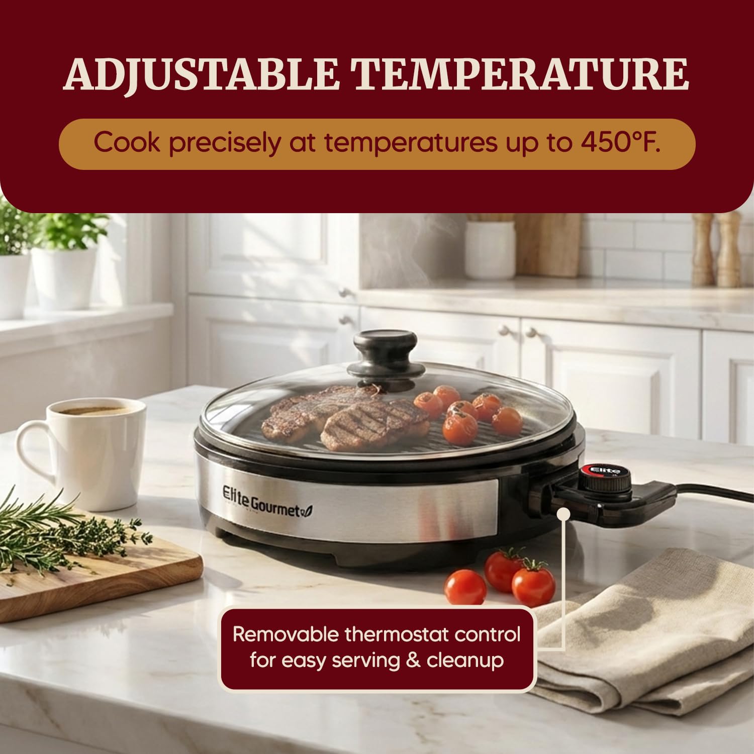 Elite Gourmet size comparison with utensils showing 12-inch surface capacity