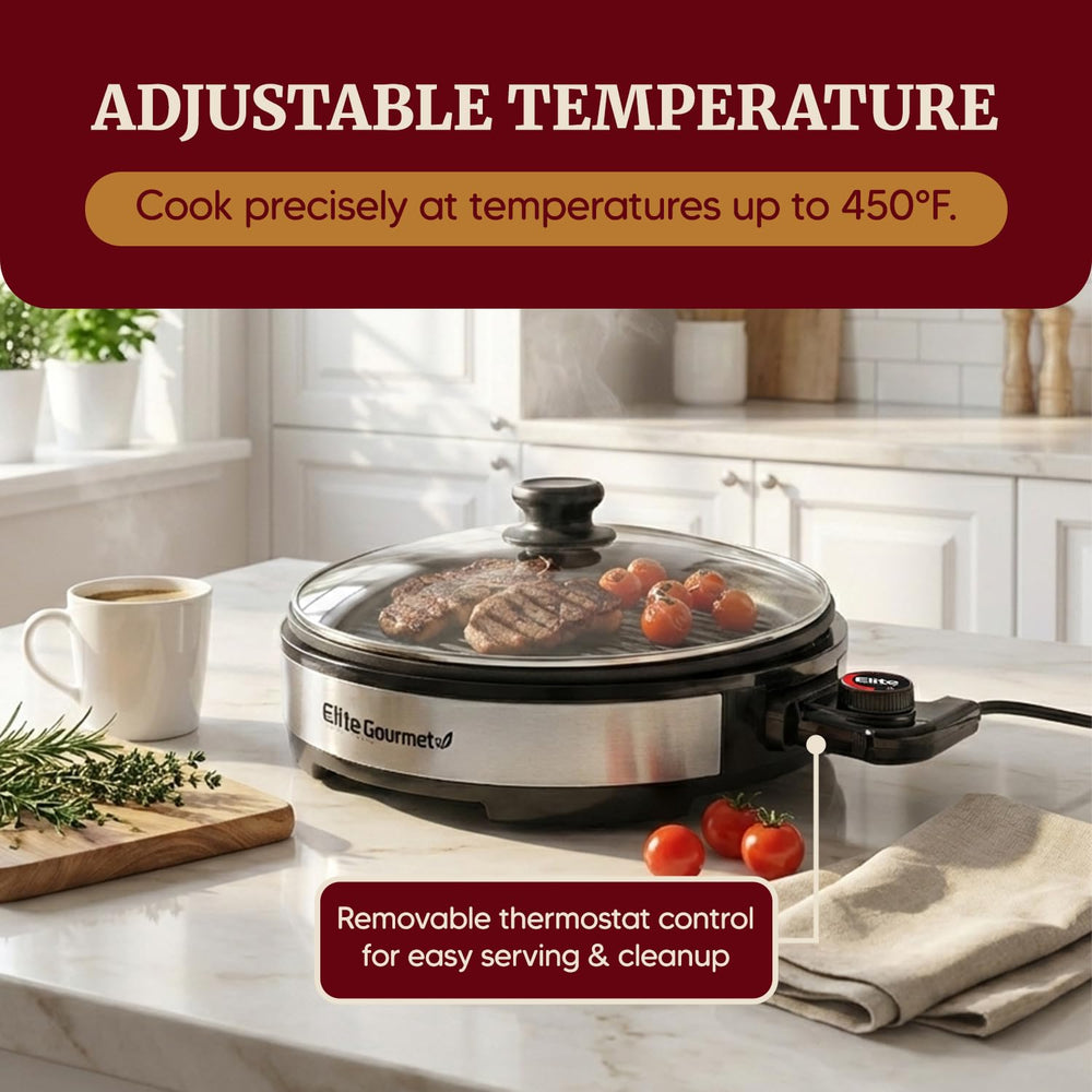 Elite Gourmet size comparison with utensils showing 12-inch surface capacity