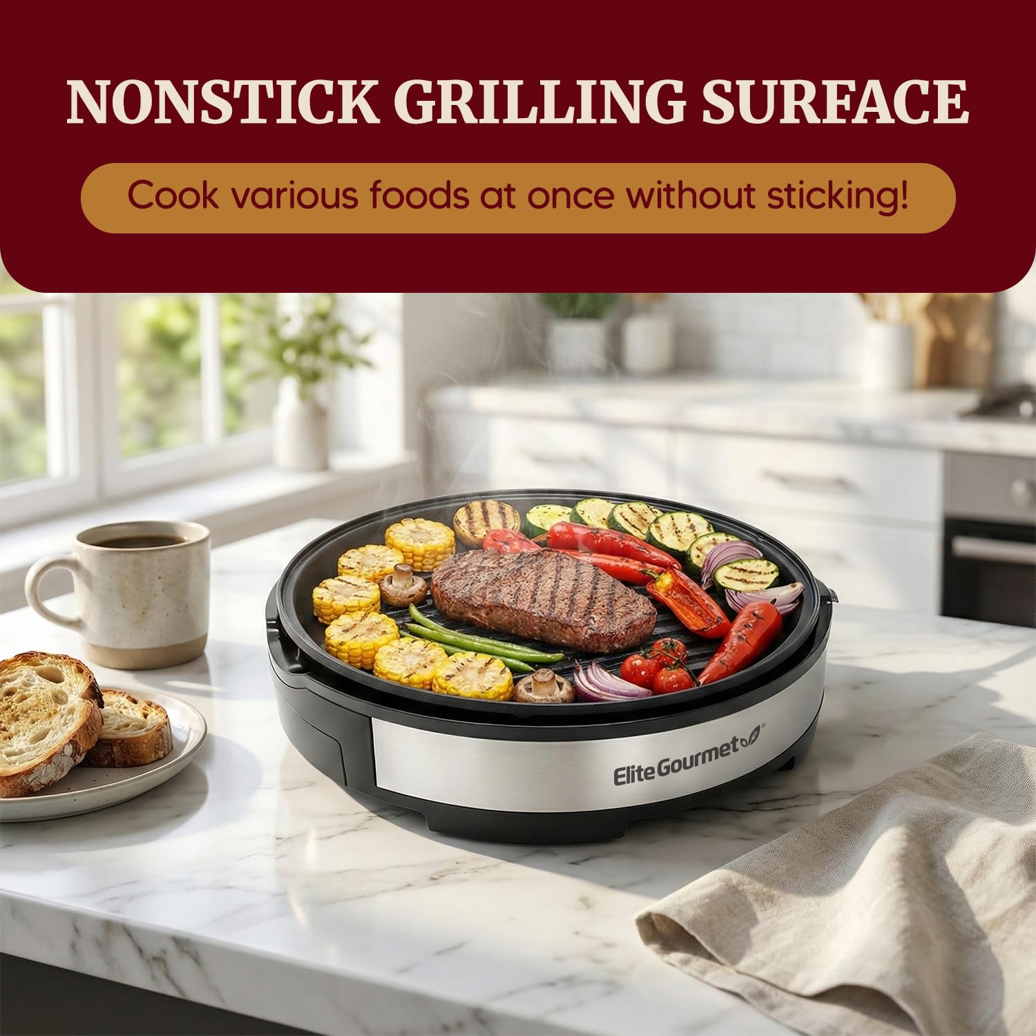 Elite Gourmet tempered glass lid showing visibility and moisture retention benefit