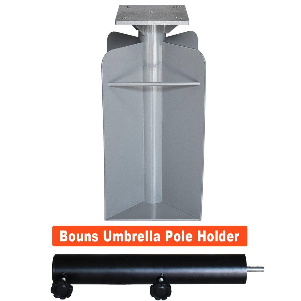 EliteShade securing a center-pole umbrella showing versatile compatibility and easy swap benefit