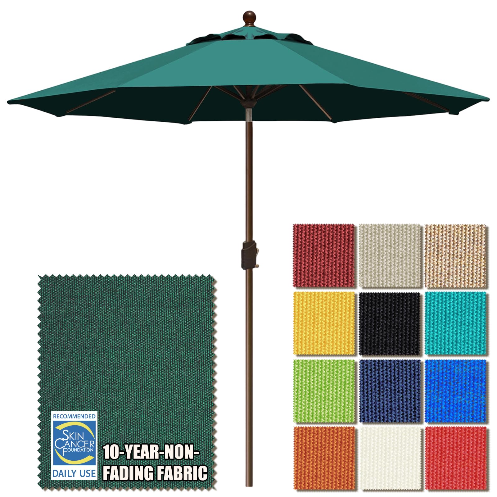 EliteShade forest green umbrella front view showing full canopy and shade benefit