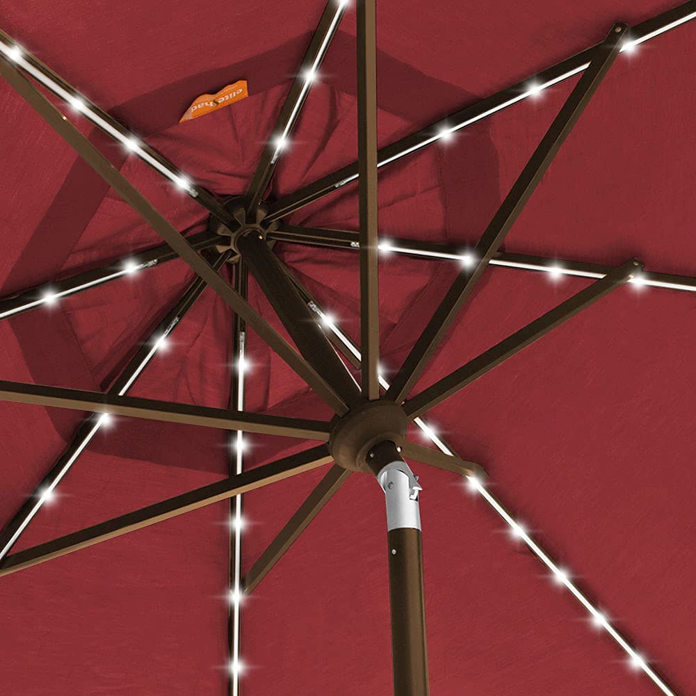 EliteShade label and powder-coated pole showing rust-resistant finish benefit