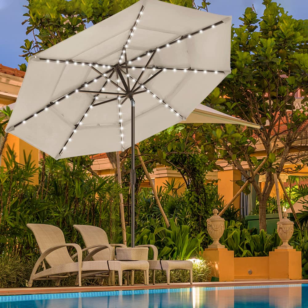 EliteShade solar LED rib lights illuminated for bright evening ambiance and hands-free power