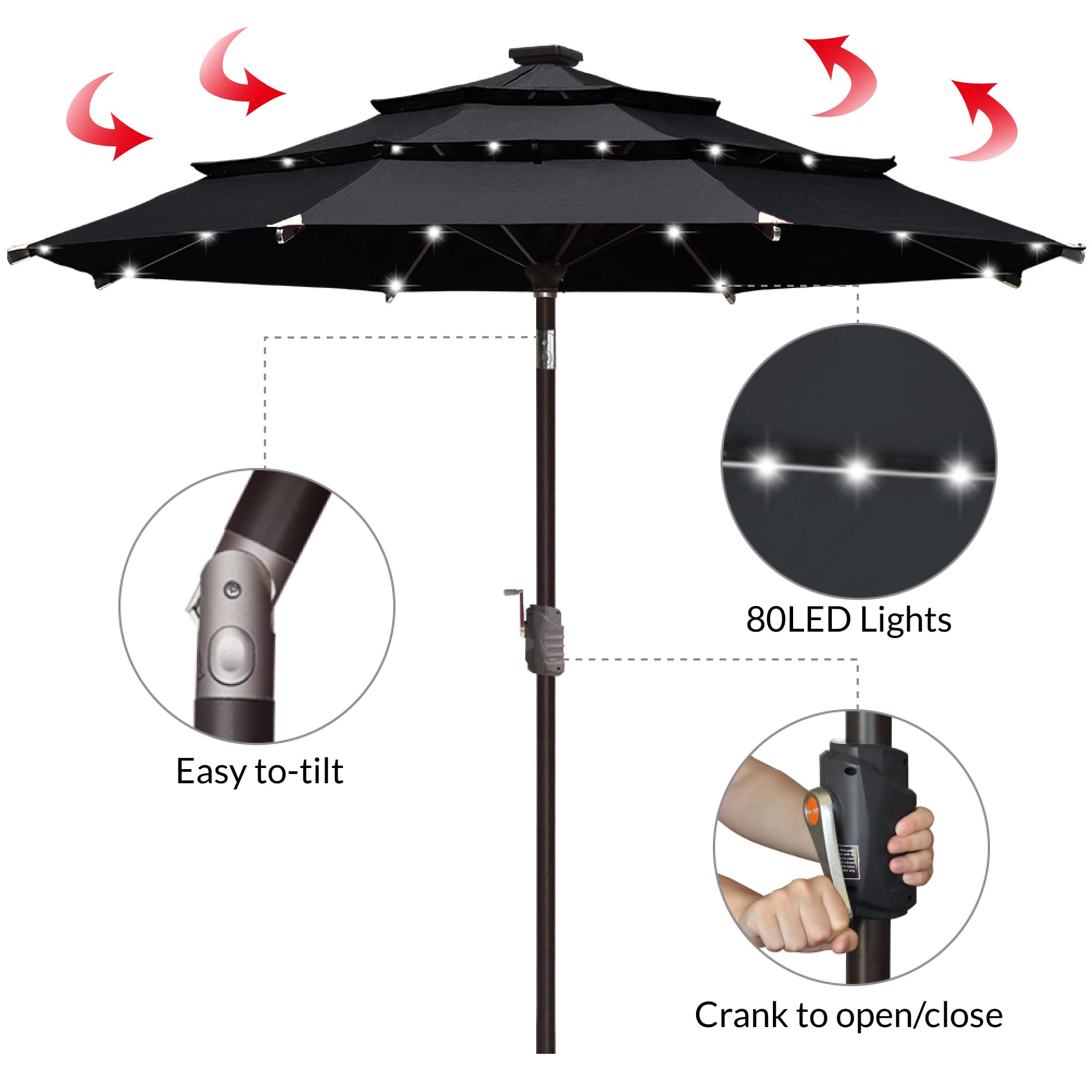 EliteShade illuminated at night by solar LEDs demonstrating evening ambiance