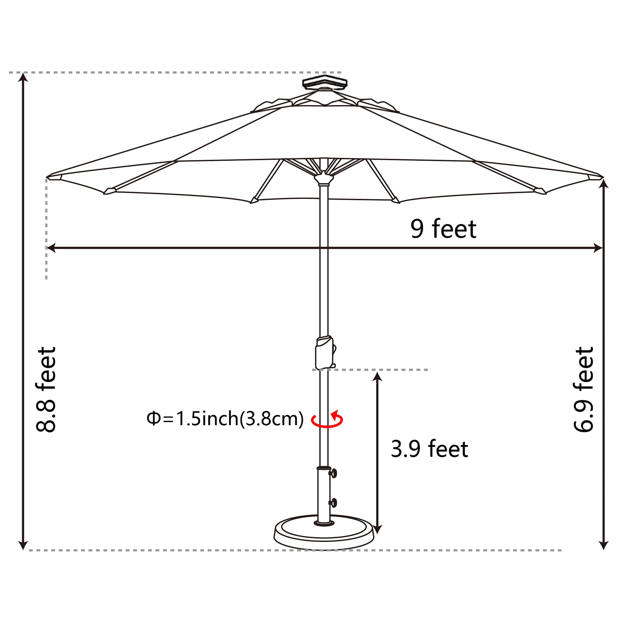 EliteShade poolside umbrella at dusk with LEDs on showing ambient nighttime lighting