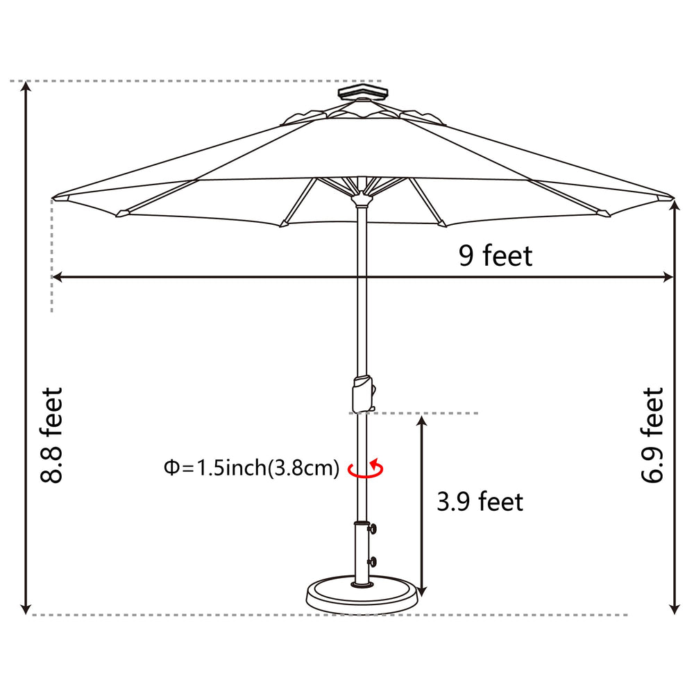 EliteShade poolside umbrella at dusk with LEDs on showing ambient nighttime lighting