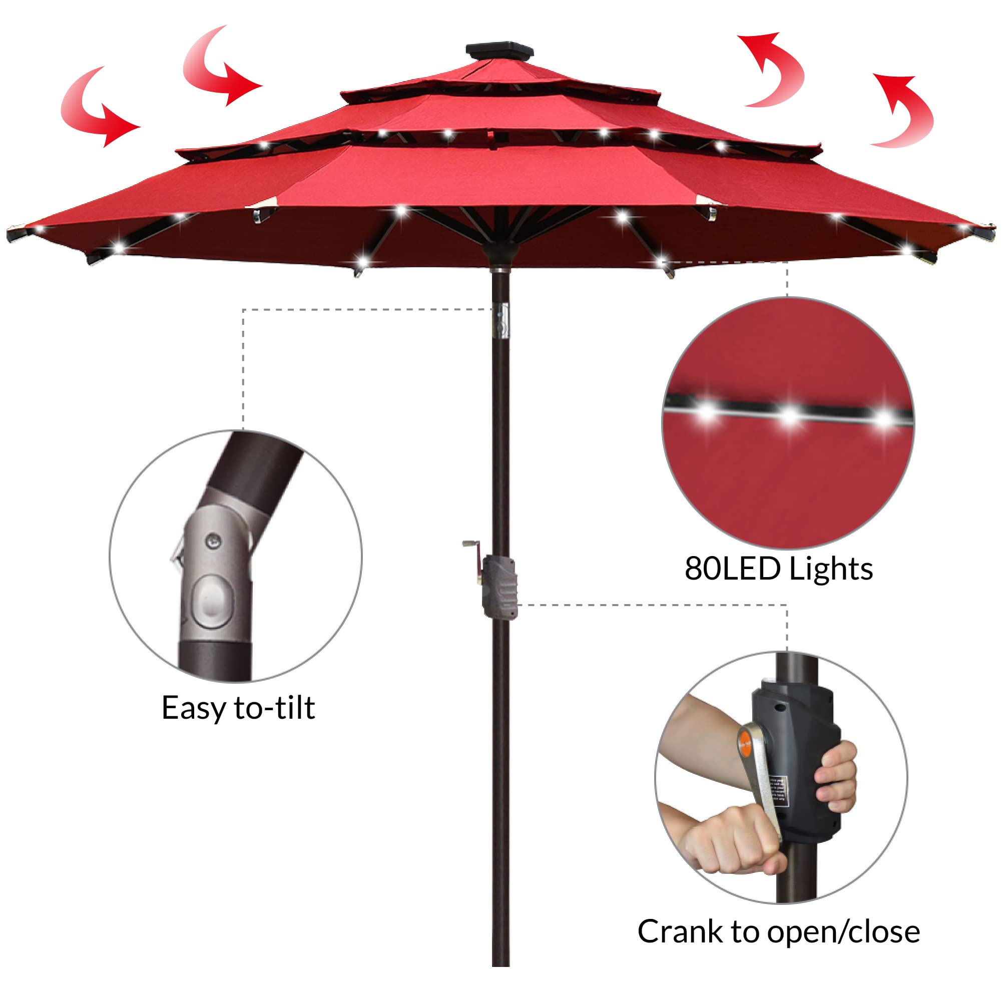 EliteShade umbrella next to dining table showing scale and full coverage benefit
