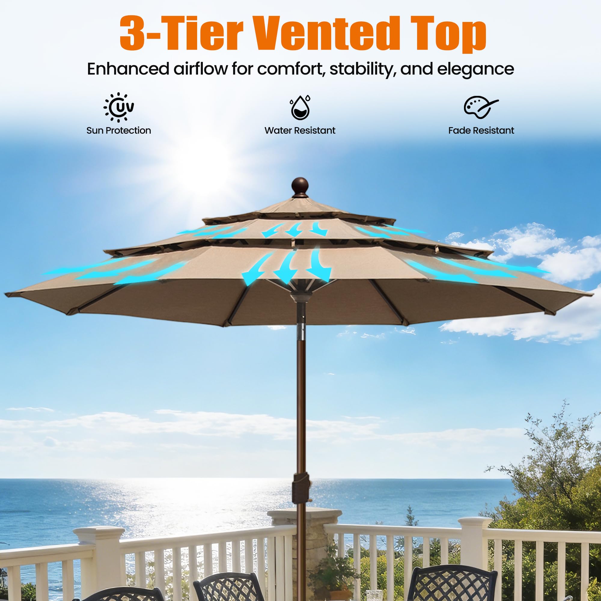 EliteShade size comparison with table and chairs showing 10ft coverage