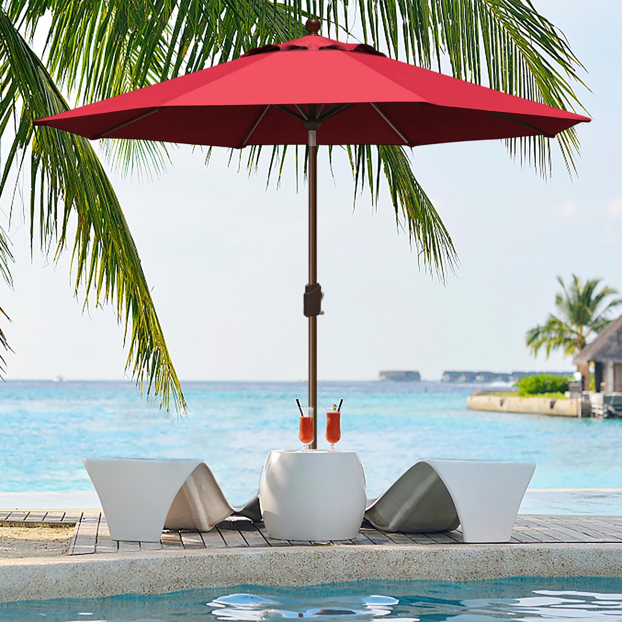 EliteShade next to table to show scale and fit for standard patio sets
