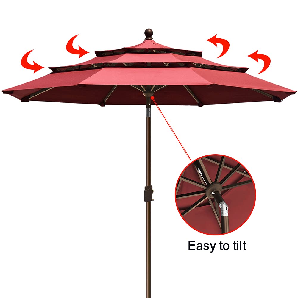 EliteShade size comparison beside patio table showing 9ft coverage and seating fit