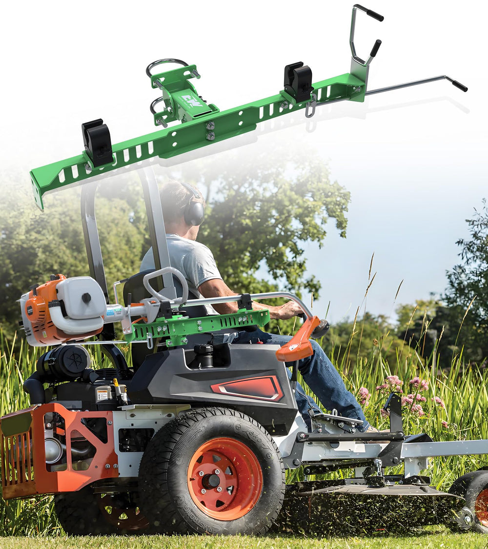 ELITEWILL landscaper using mower and rack showing efficient workflow
