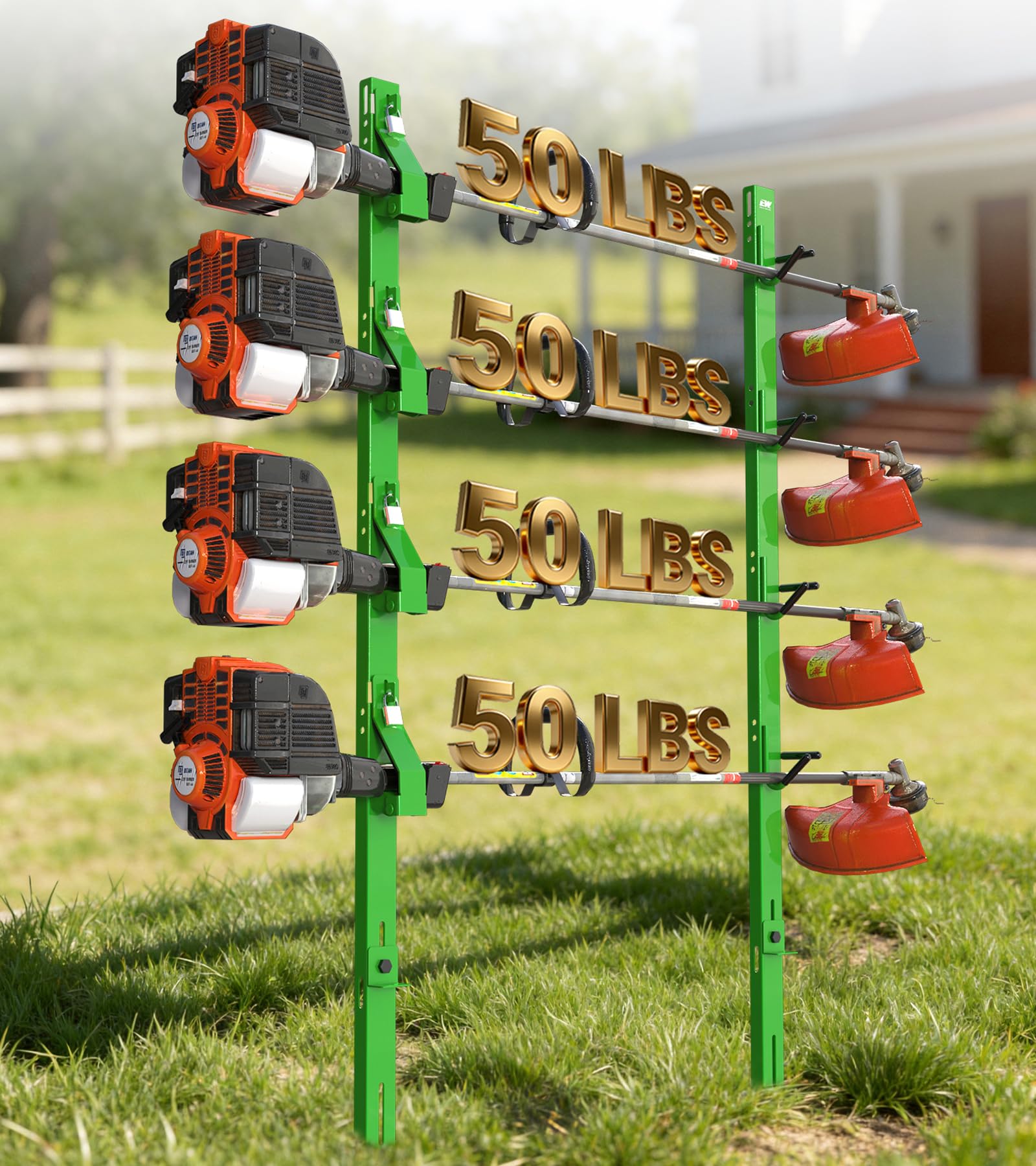 ELITEWILL front view of 4-place rack showing organized trimmer storage and security