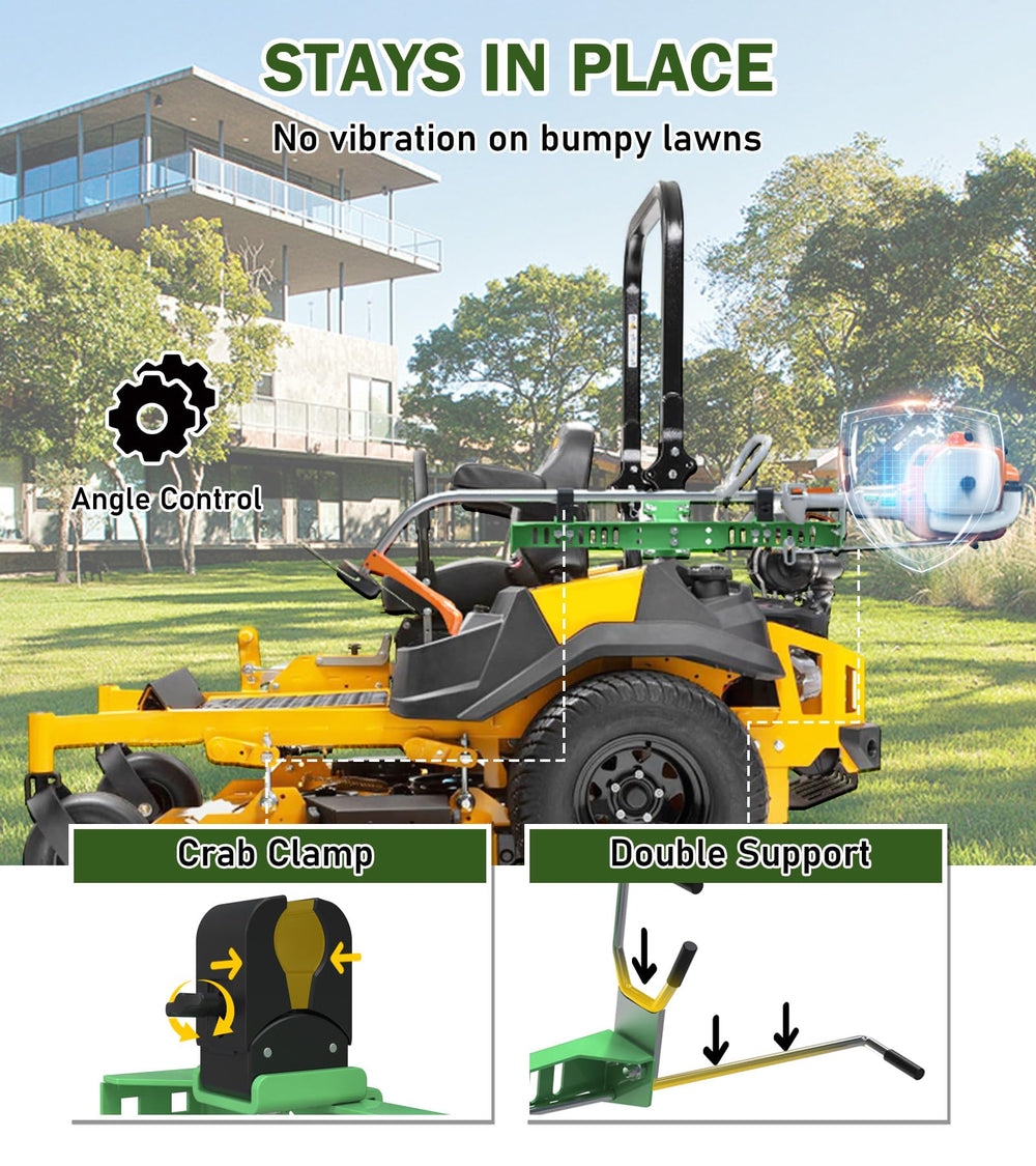 ELITEWILL rack beside mower for scale showing compact footprint and fit