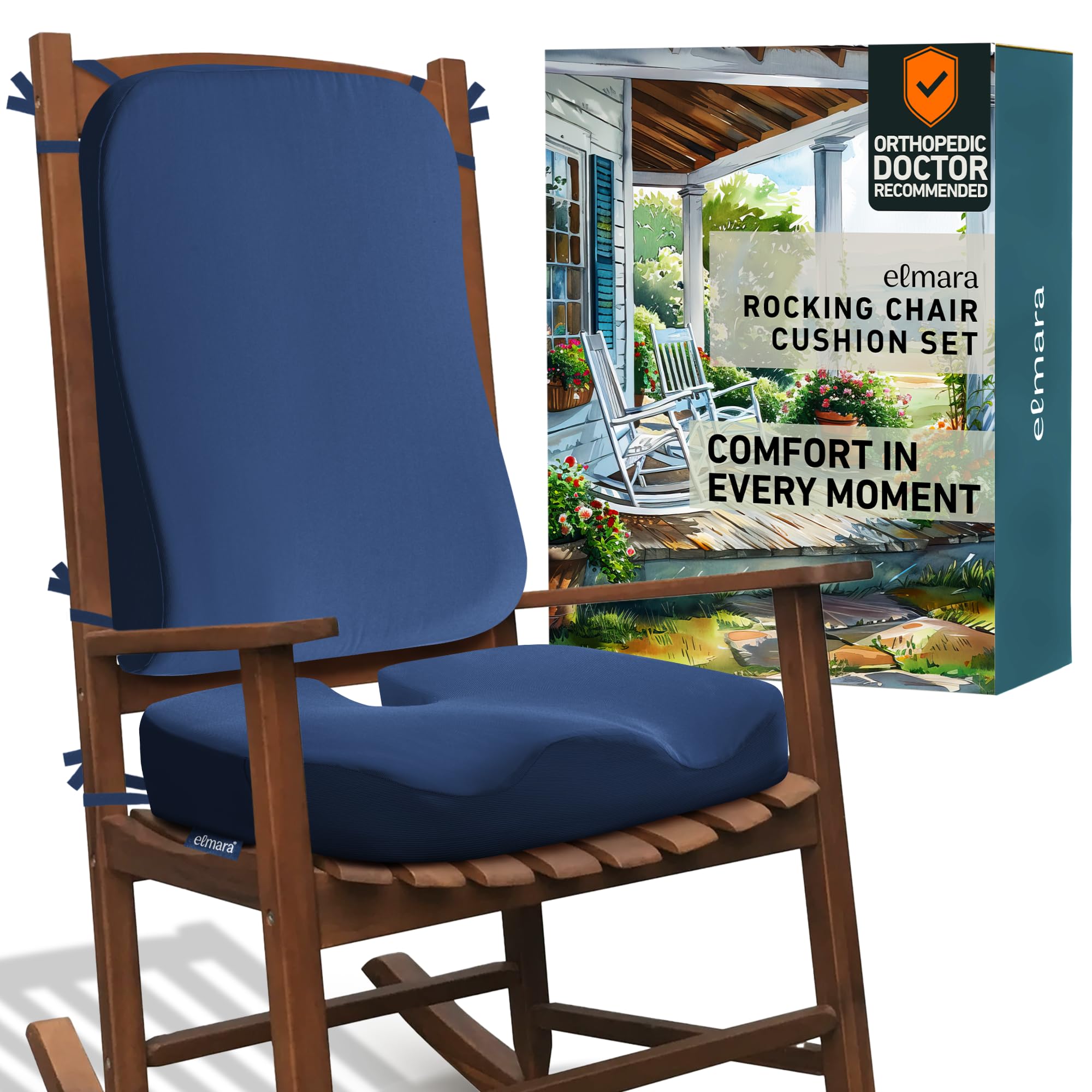 Elmara front view cushion set on rocker showing comfortable navy support