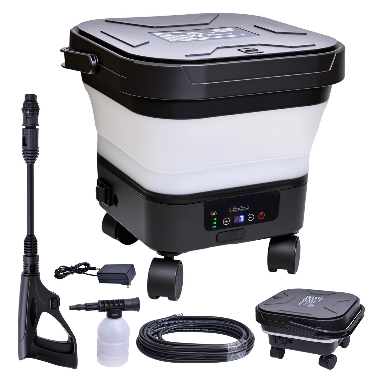 Elmfruit front view showing compact portable washer for easy storage and transport