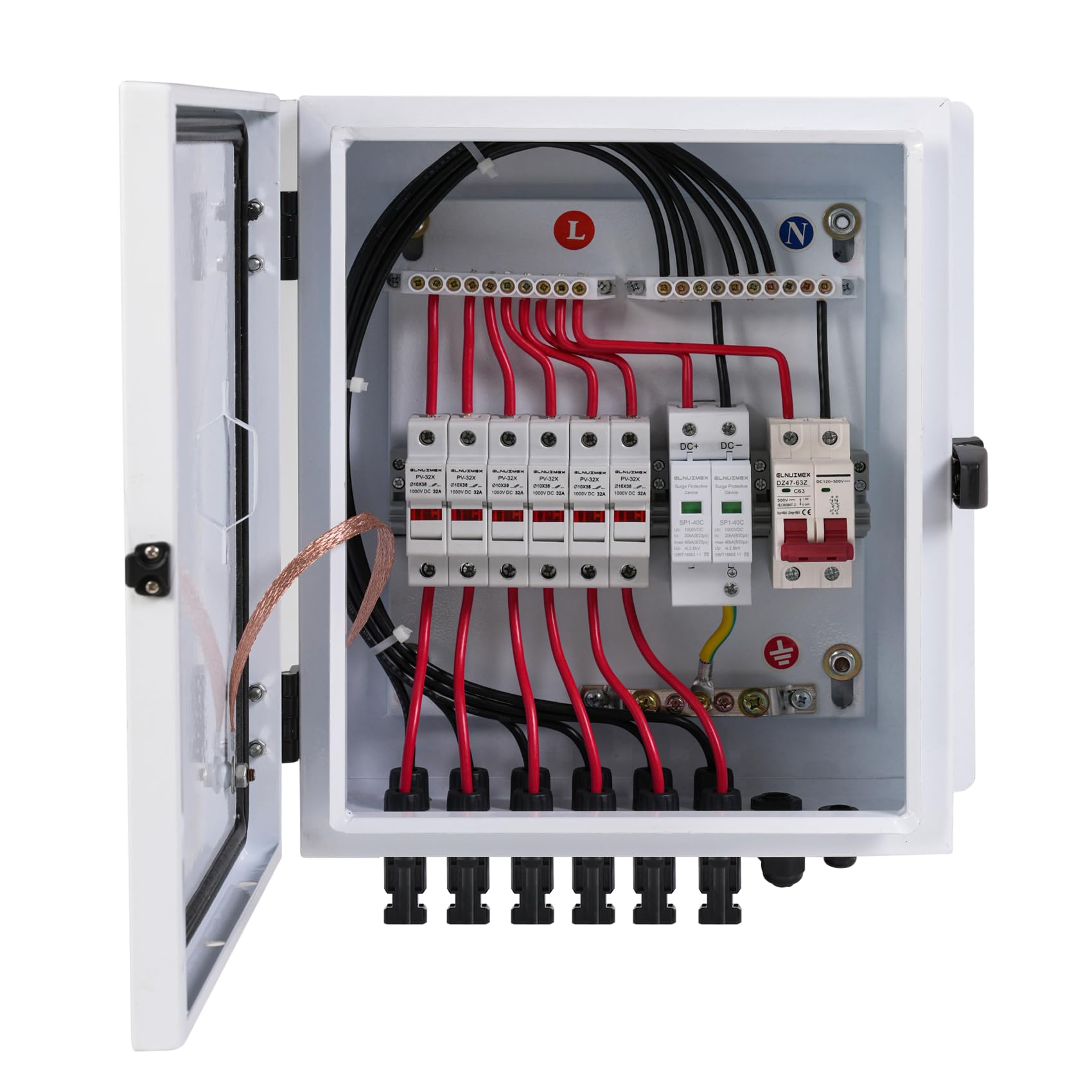 ELNUIMEX front view of metal combiner box showing lock and indicator window, secure protection