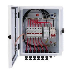 ELNUIMEX front view of metal combiner box showing lock and indicator window, secure protection