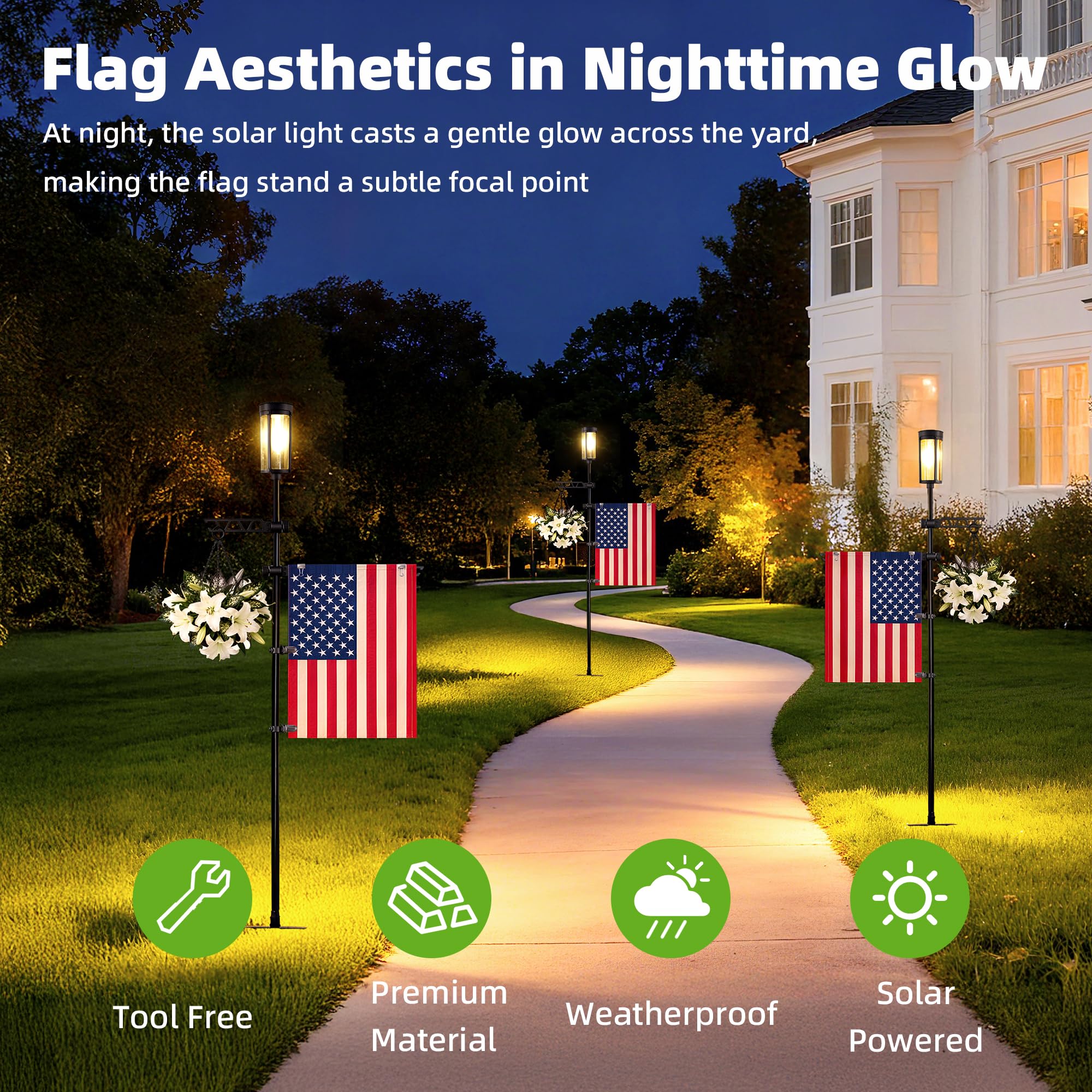 ELOVIA flag stand in yard lighting pathway and enhancing curb appeal