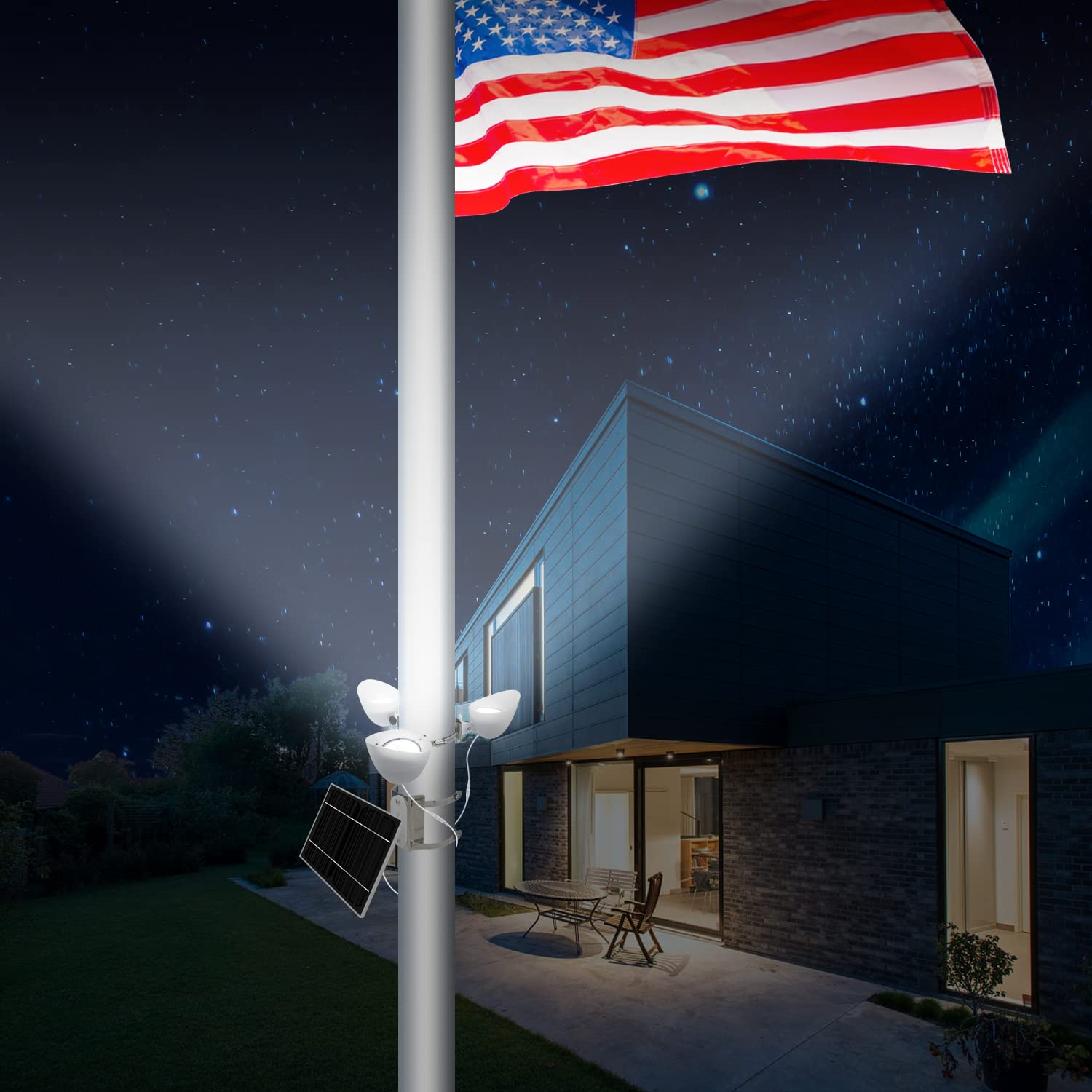 Elsollit night shot illuminating an American flag showing even coverage and pride display