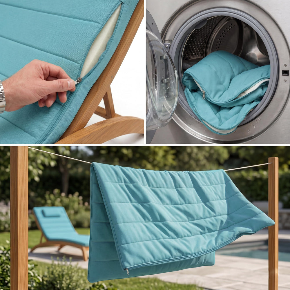 Elvoki cushion on patio lounger poolside demonstrating comfortable outdoor use