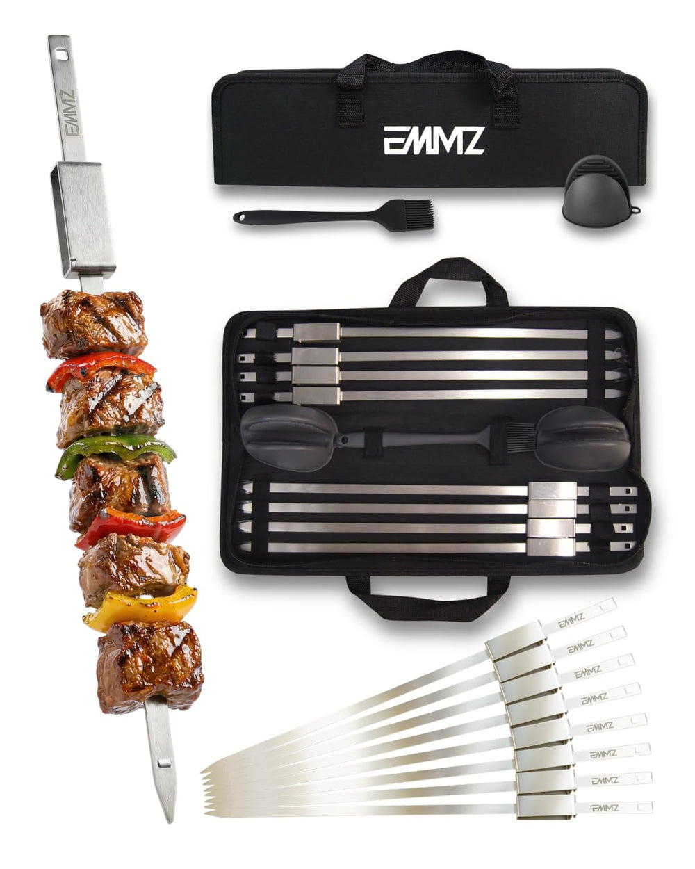 EMMZ front view of skewer set showing bag and eight skewers for organized storage