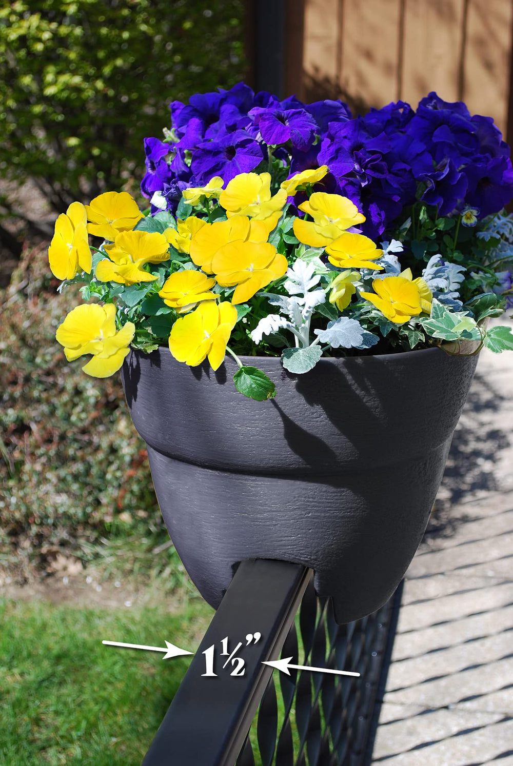 Emsco Group Bloomers mounted on a metal balcony railing, showing compatibility and stable placement