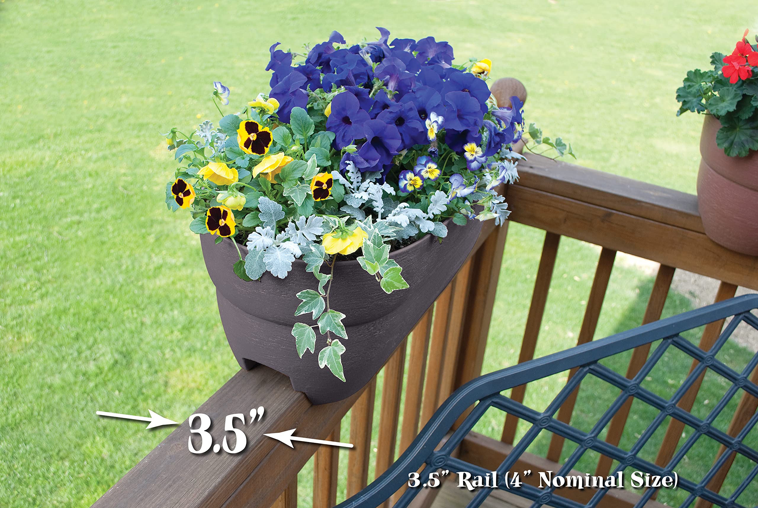 Emsco Group Bloomers installed on a wooden deck rail, demonstrates secure fit and space-saving benefit