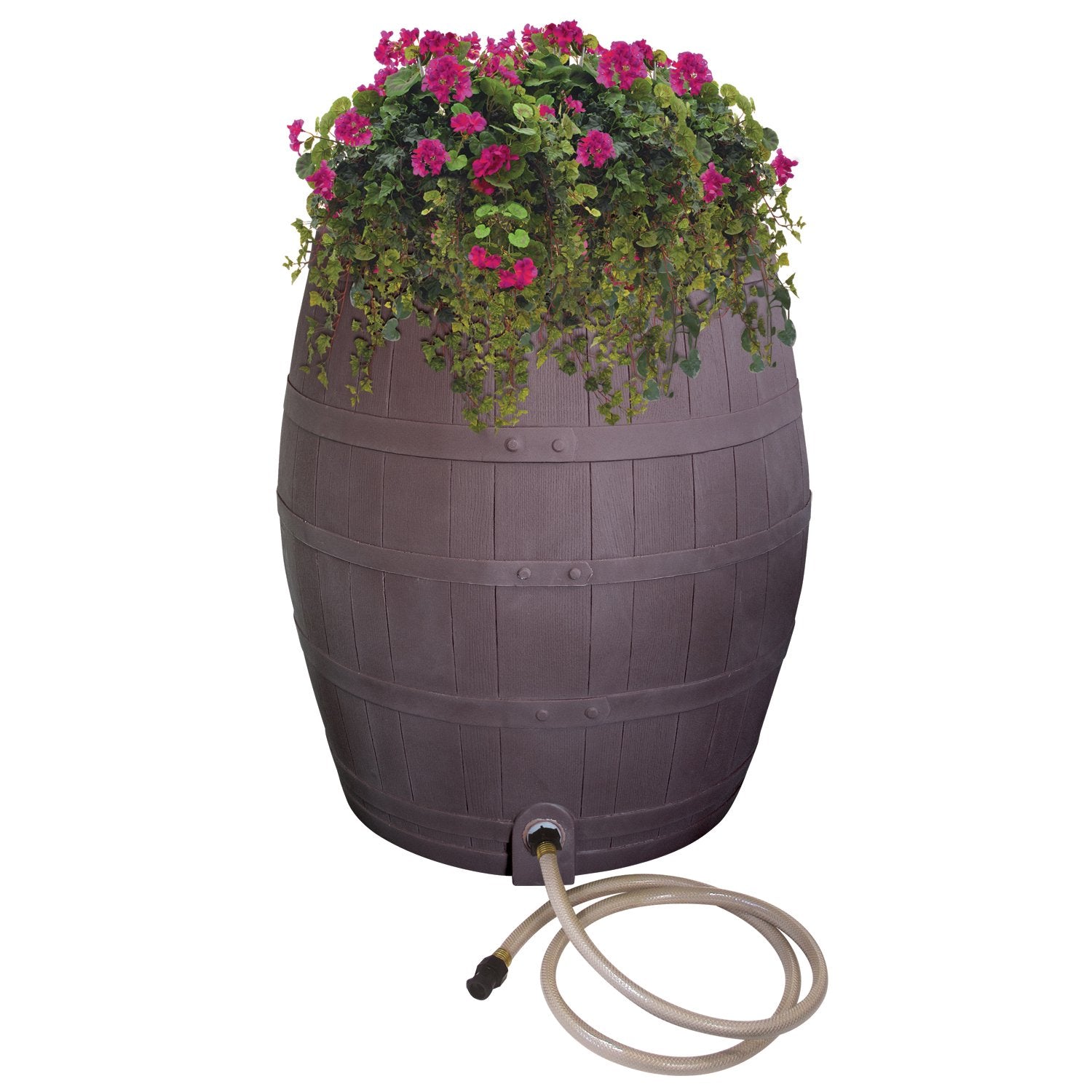 Emsco Group barrel front view showing whiskey design and space-saving flatback, enhances curb appeal