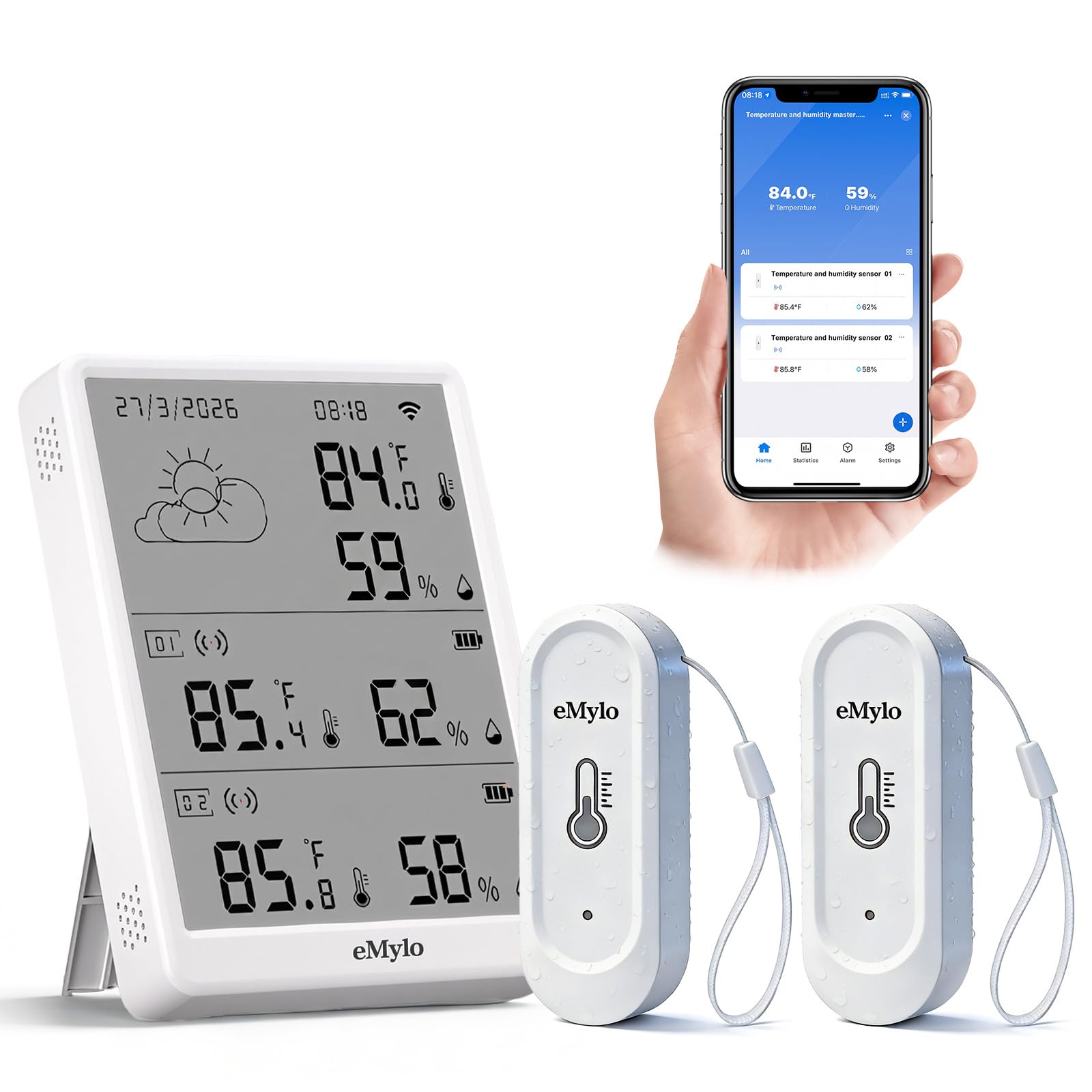 eMylo base station front display shows temperature and humidity for instant reading