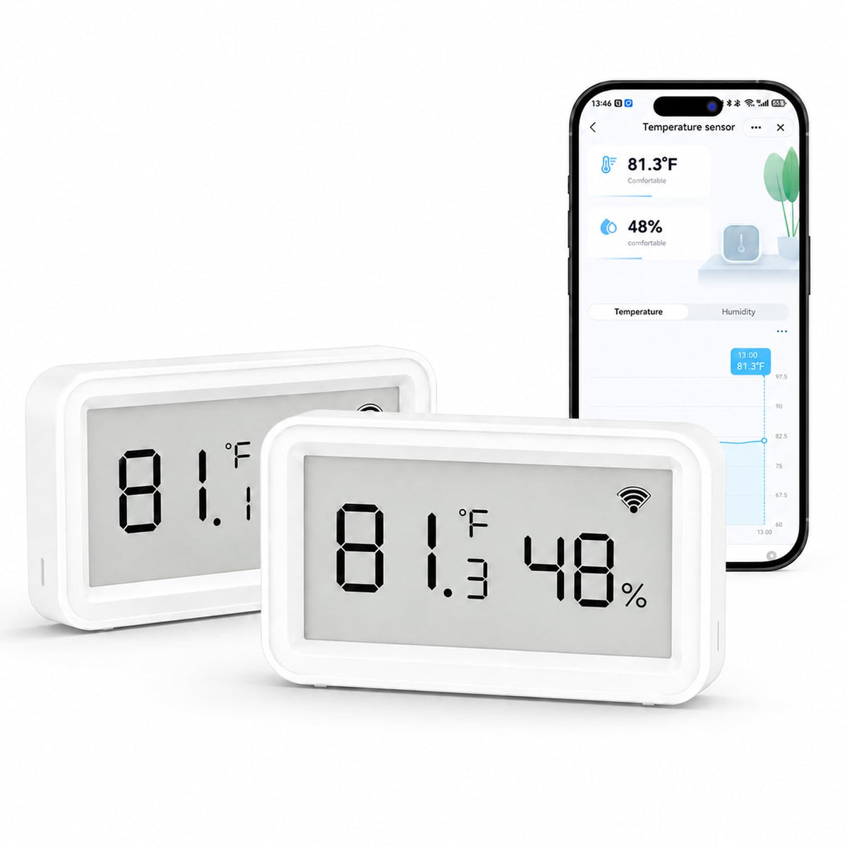 eMylo front display showing temperature and humidity for quick reading