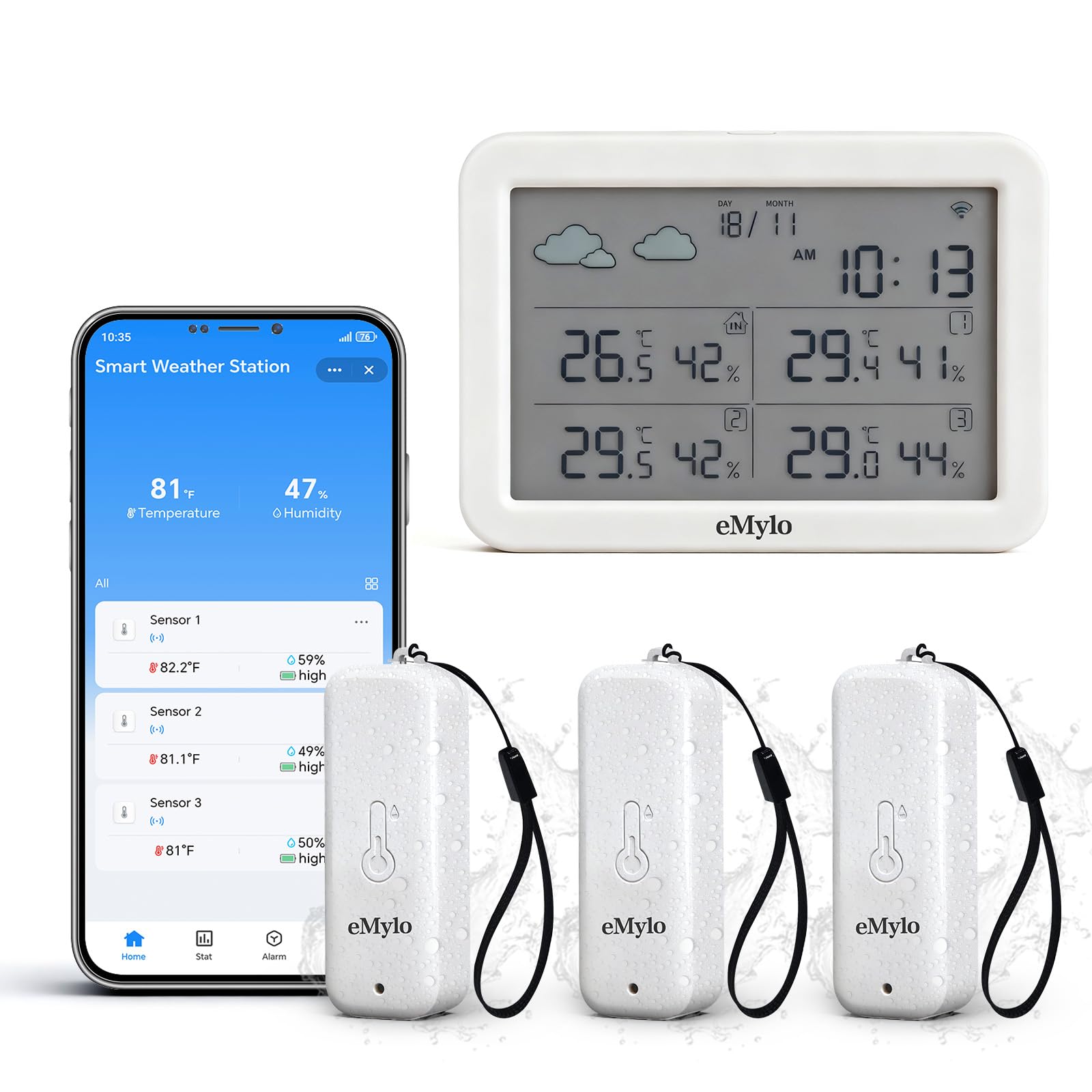 eMylo front display showing multiple temperatures and humidity for quick checks