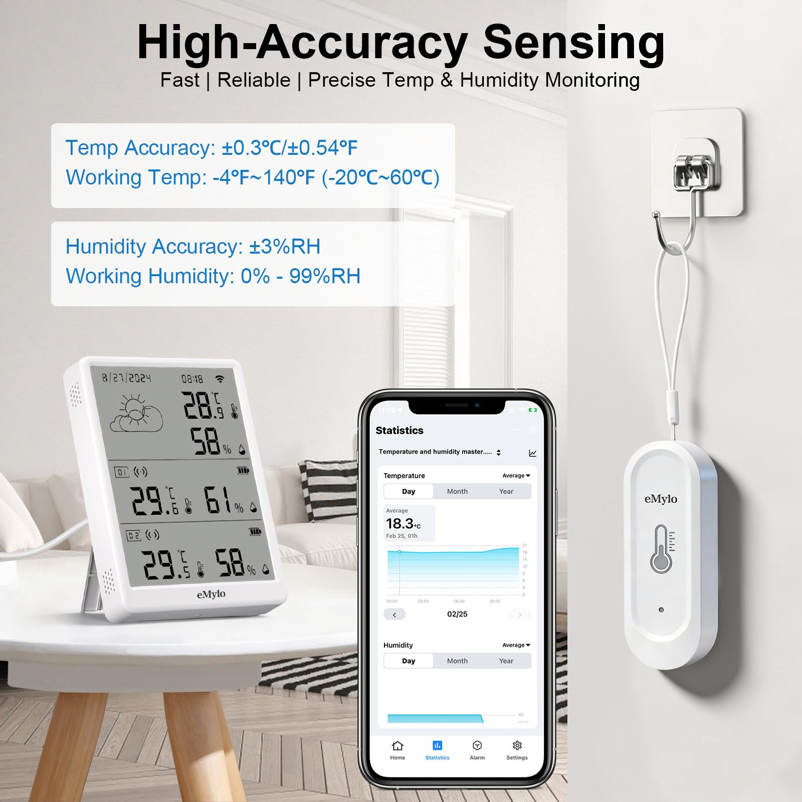 eMylo sensor next to hand for size comparison emphasizing compact portability