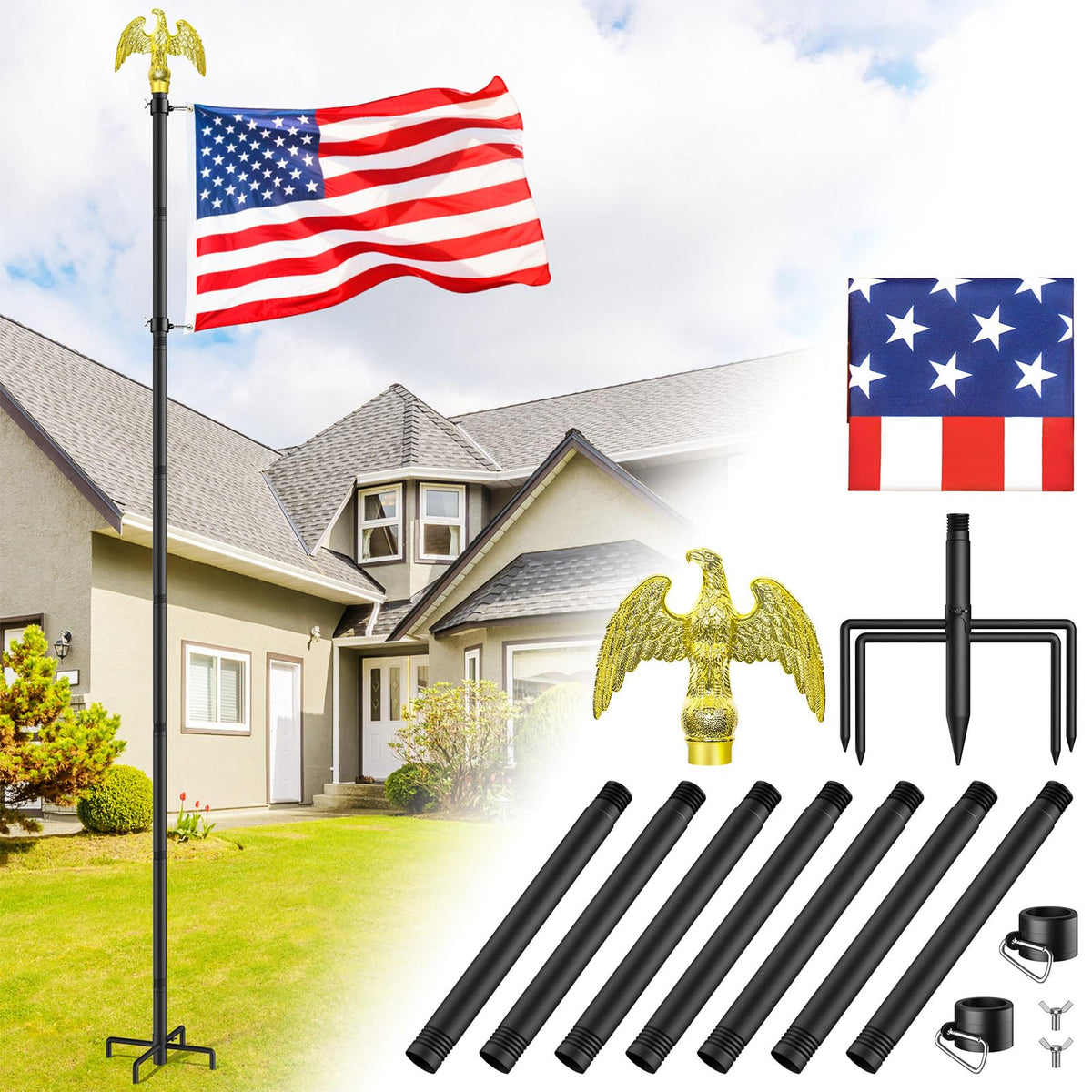 Enayplon flag pole front view showing complete kit and included flag for easy setup