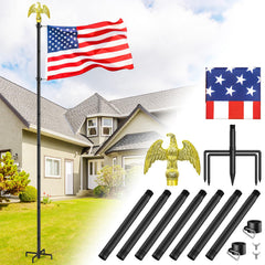 Enayplon flag pole front view showing complete kit and included flag for easy setup