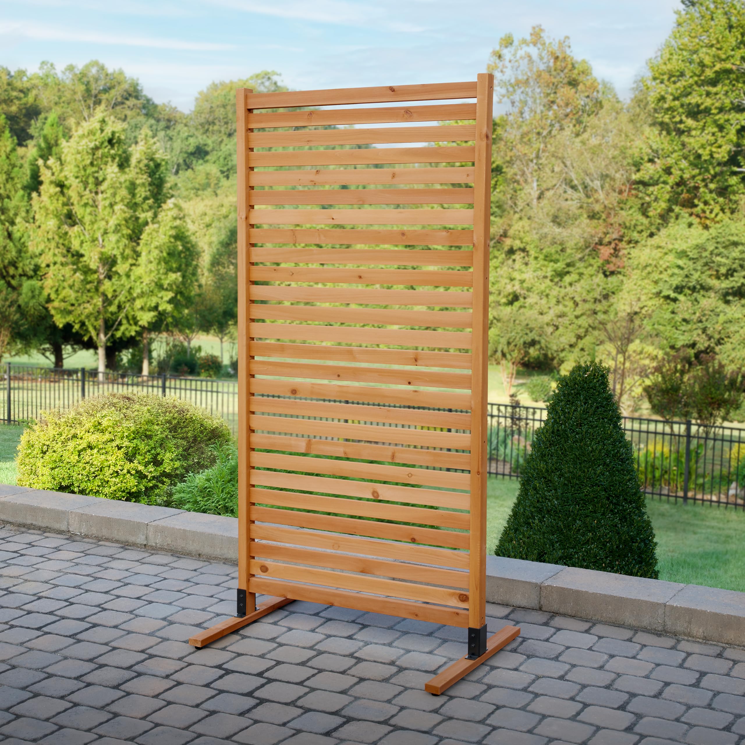 Enclo cedar privacy screen front view shows full height and clean slatted design for privacy