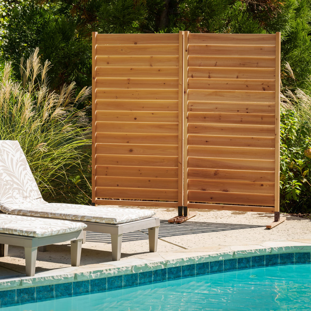 Enclo cedar privacy screen front view showing full panel and modern warmth