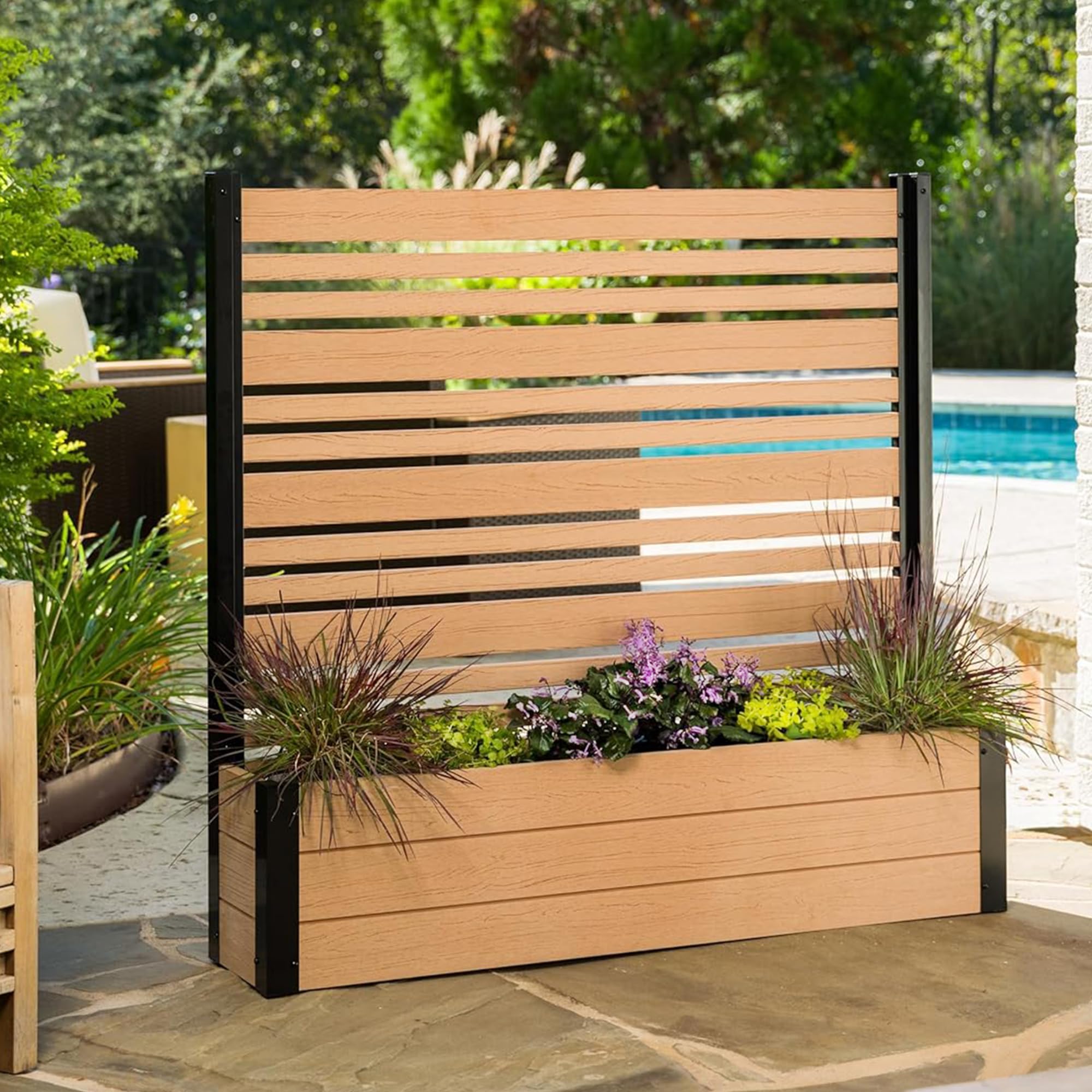 Enclo front view of Florence privacy screen showing cedar finish and planter benefits appeal