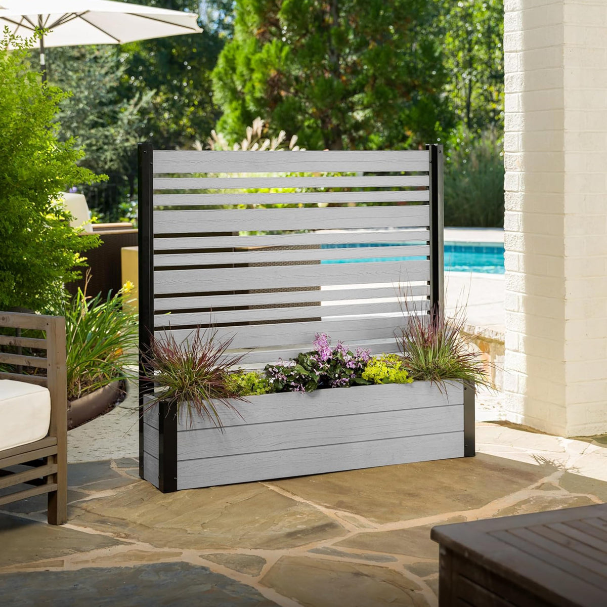 Enclo Florence front view showing freestanding screen and planter, adds instant privacy