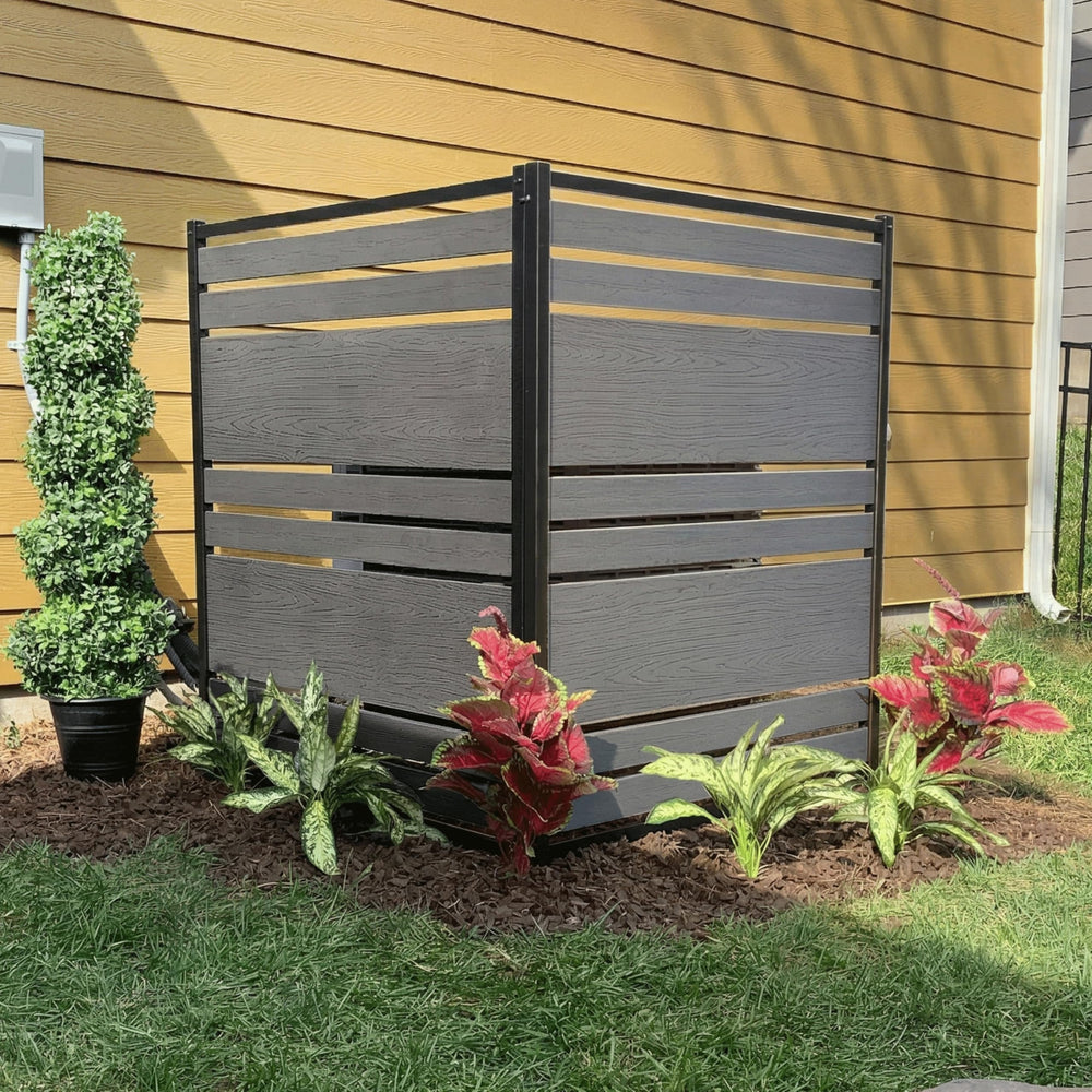 Enclo Vienna front view showing charcoal panels and aluminum frame hides equipment