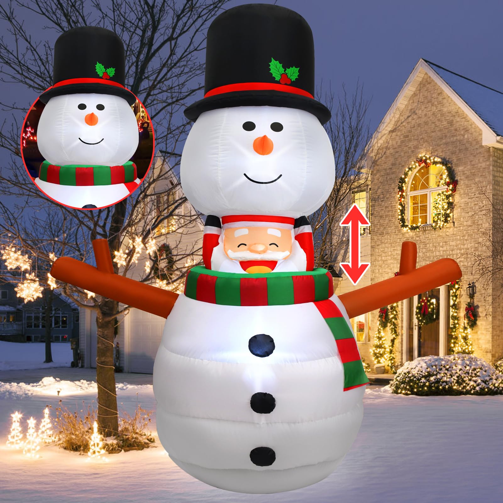Enenani front view inflated showing cheerful snowman and Santa, attracts attention