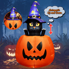Enenani front view of witch cat pumpkin inflatable showing animated motion and curb appeal