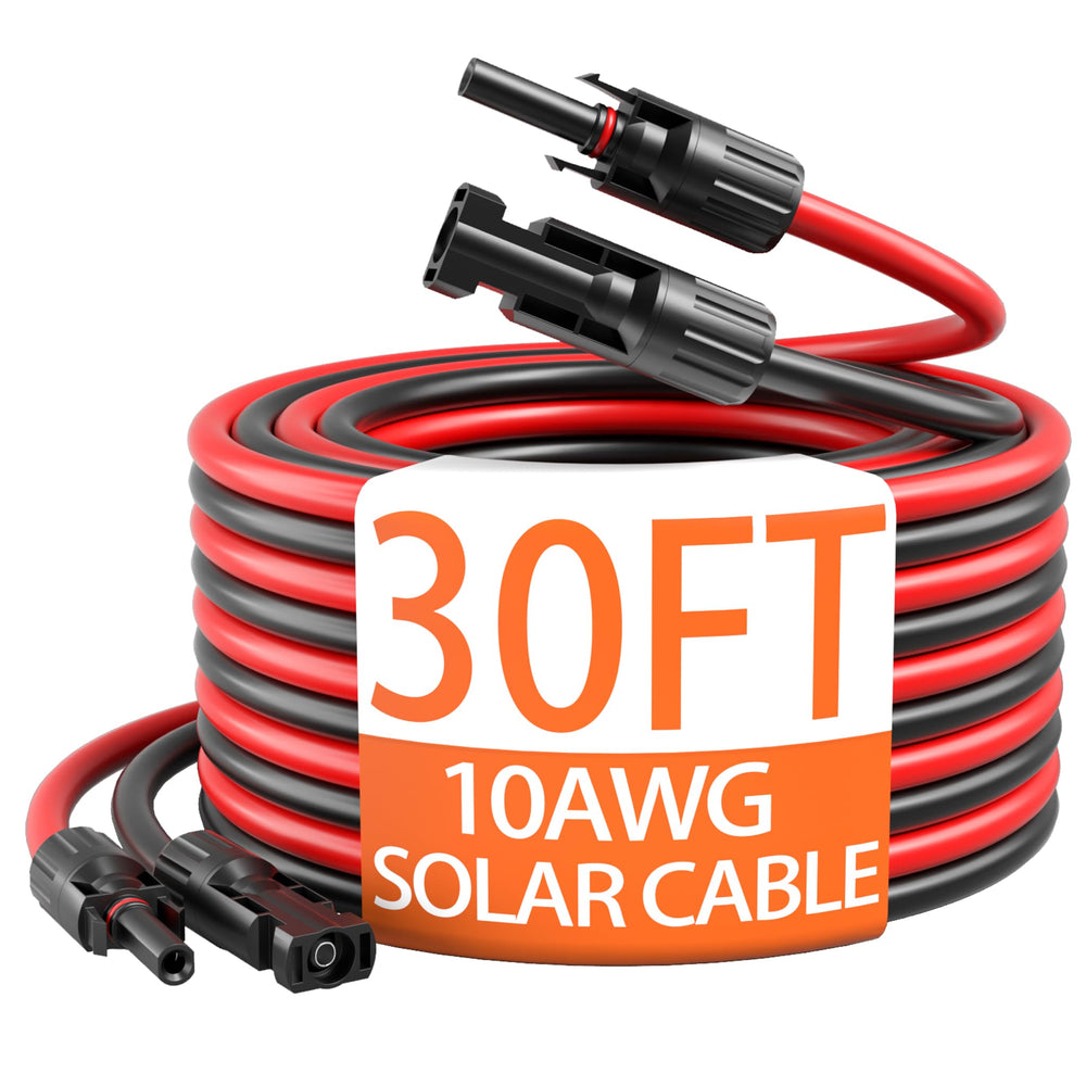 energeaster front view of red and black 30ft cables showing neat pair and length, durable extension