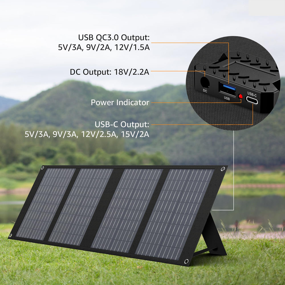EnginStar panel propped on a camp table angled to sun for better energy capture