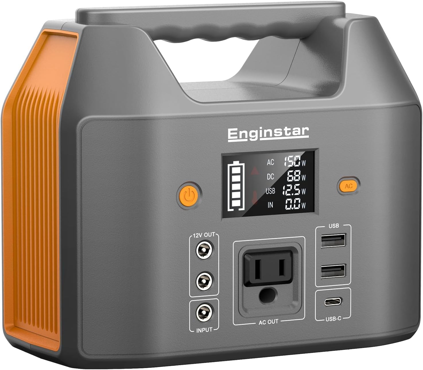 EnginStar front panel showing ports and LCD, clear portable power benefits