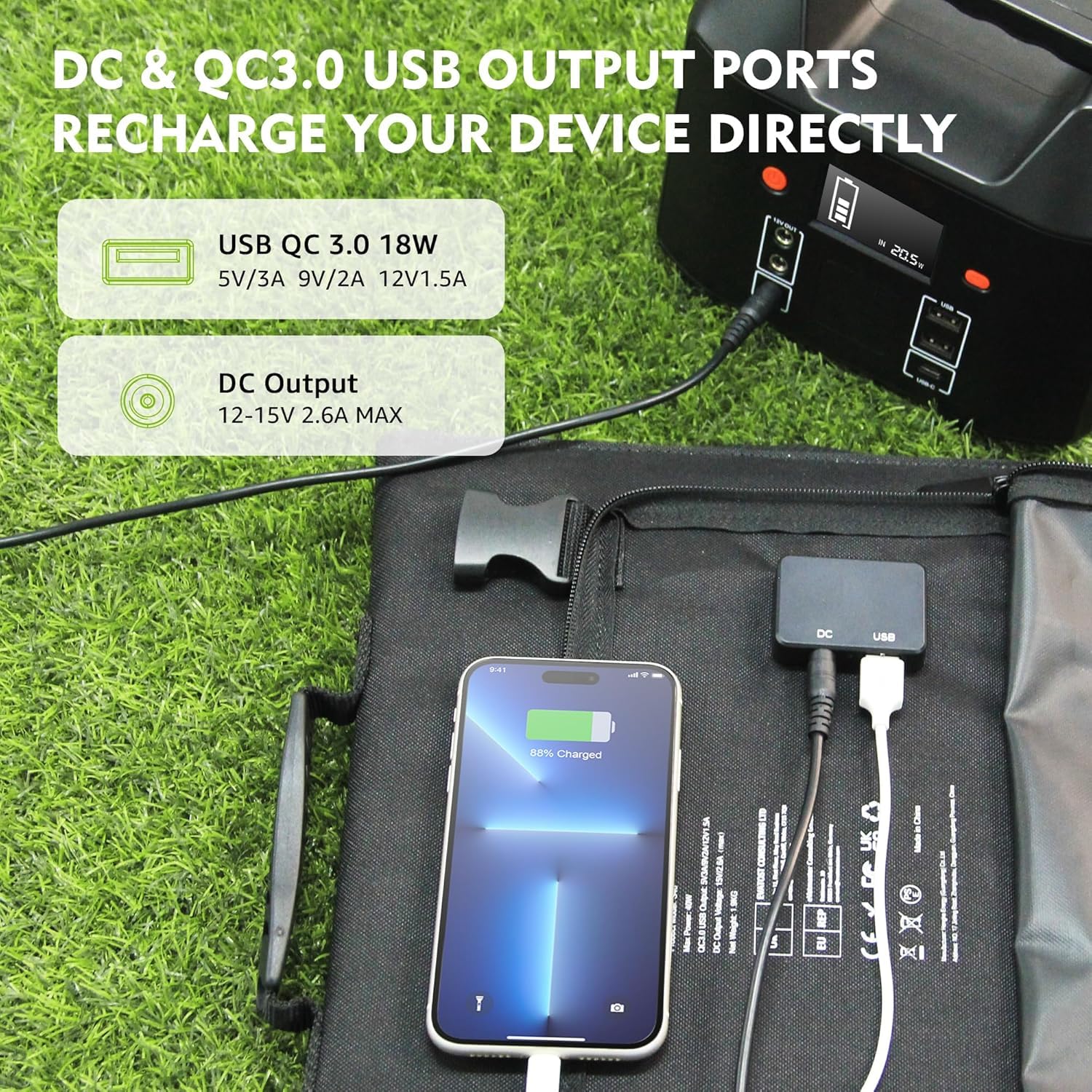 EnginStar detailed view of USB-C, USB-A, and DC ports with adapter set for compatibility