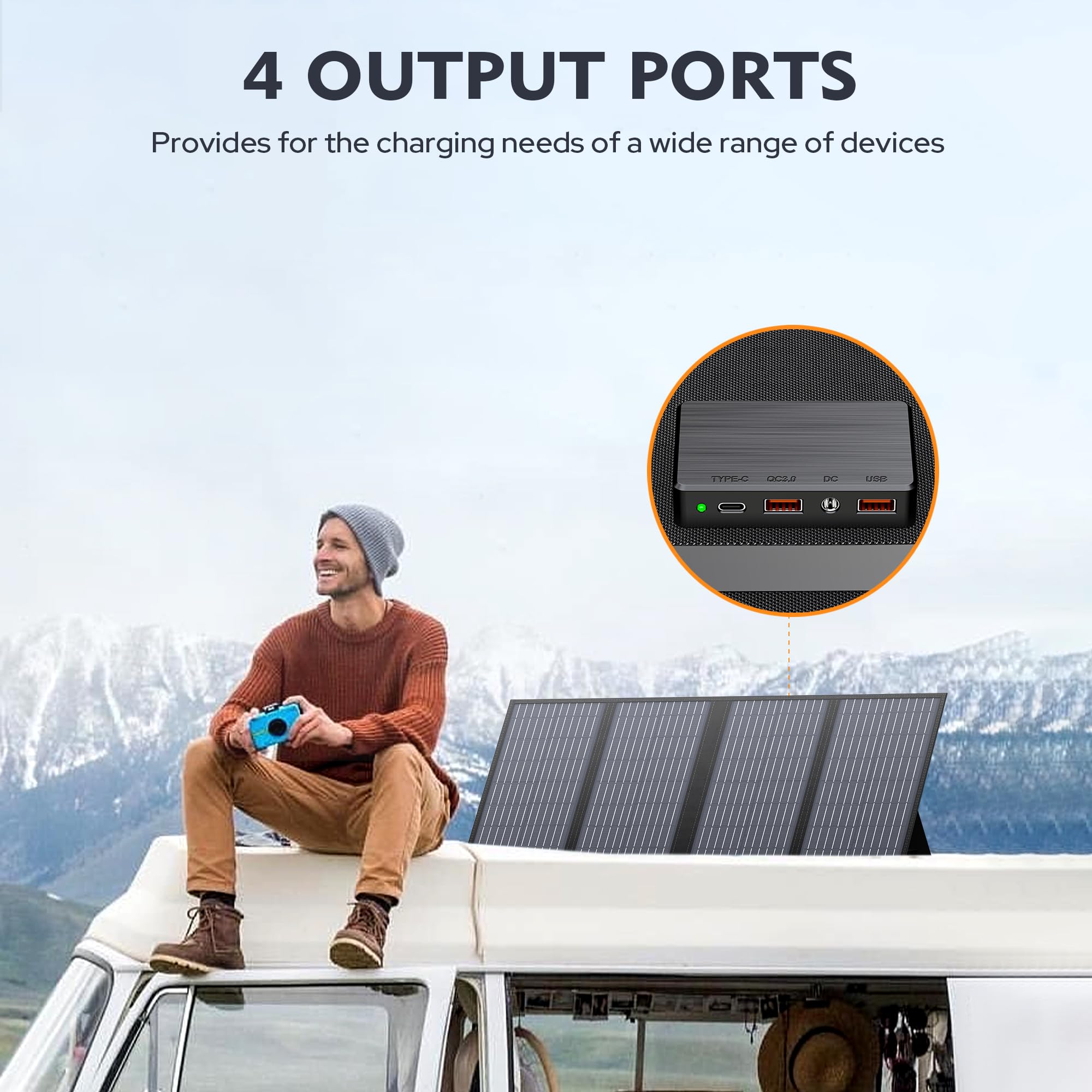 EnginStar USB-C charging a smartphone in sunlight for fast convenient device power